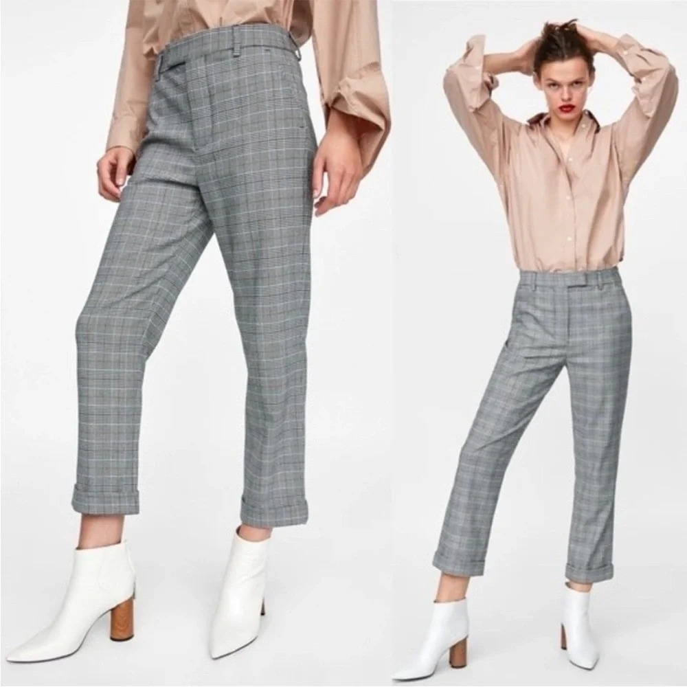 ZARA Preppy Plaid Cuffed Business Casual Cropped Straight Leg Trousers